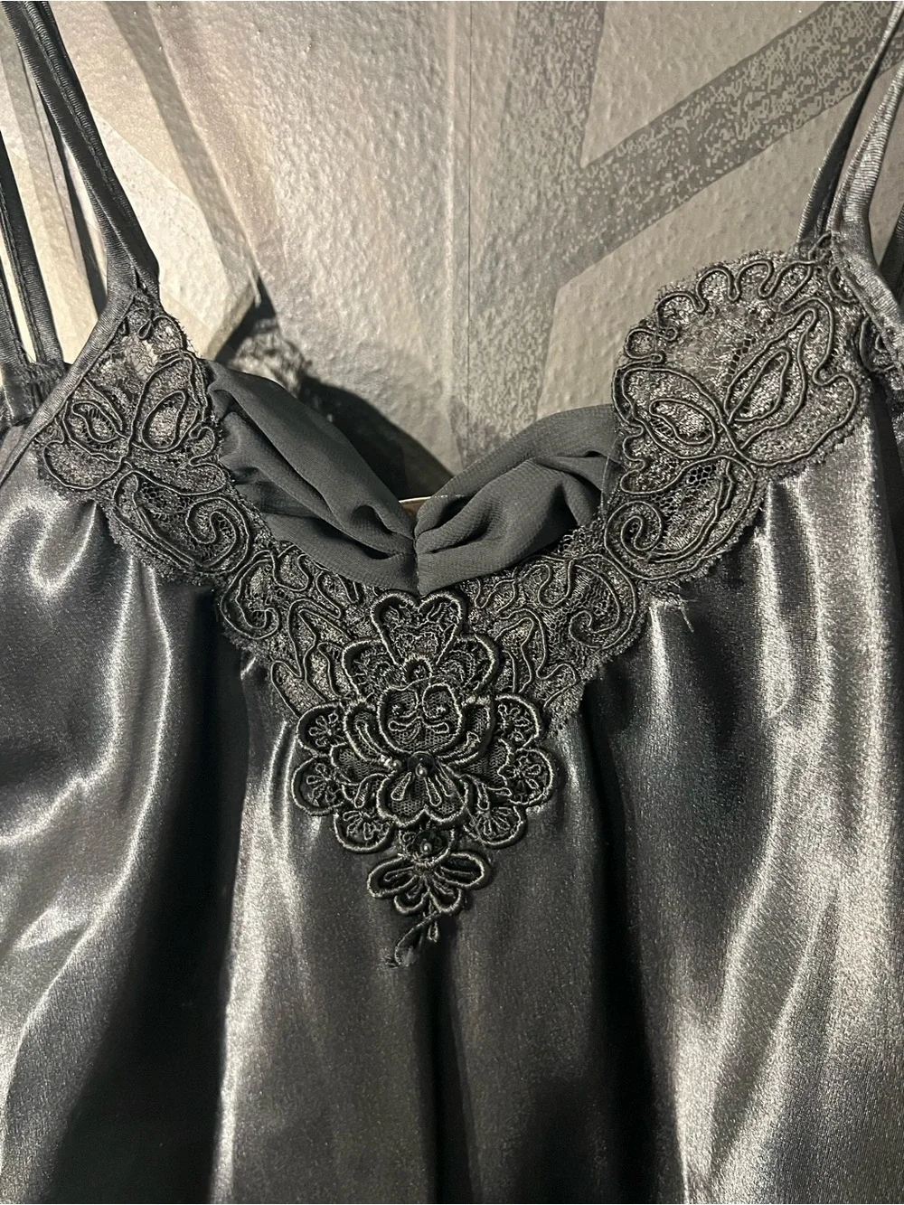 Vintage Black Satin Slip with Lace Appliqué - Picture 2 of 7